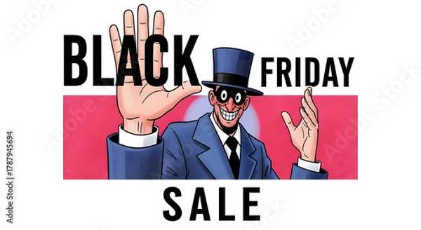 Obraz Black Friday Sale: A stylized illustration for the Black Friday sale, featuring a grinning character raising hands to attract attention to the big promotion of the moment. 