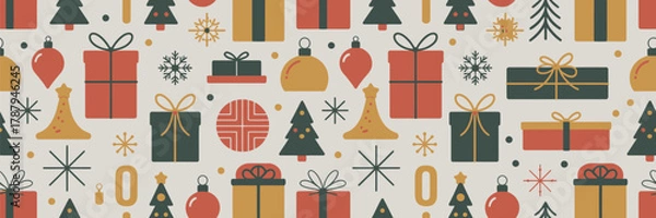Obraz Seamless Christmas Gift Pattern – Holiday Decoration Design with Xmas Icons, Birthday Celebration Elements, Happy Festive Art, Colorful Presents, Seasonal Ornament and Decorative Repeat Background