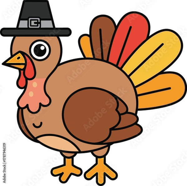 Obraz Cartoon turkey wearing a pilgrim hat