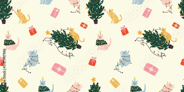 Fototapeta Christmas cats seamless pattern. Cute kittens with tree and gifts