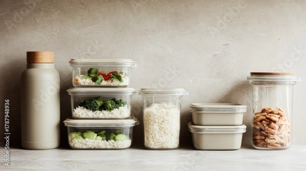 Obraz Various food storage containers lined up on a kitchen counter with healthy ingredients ready for meal prep