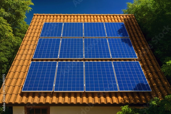 Fototapeta Rows of solar panels sit atop a terracotta roof under a vibrant blue sky, surrounded by lush green trees, capturing sustainable energy.