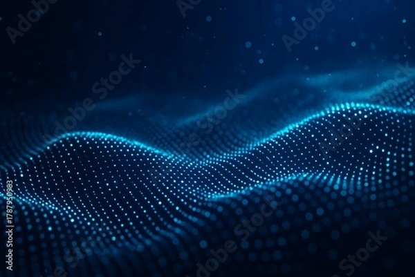 Fototapeta Abstract blue digital waveform with glowing particles
