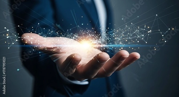 Fototapeta Hand holding glowing network of connected dots representing technology and innovation concept