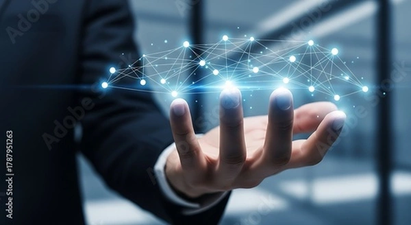Fototapeta Man in suit holding a glowing network of interconnected dots in his hand with a blurred background