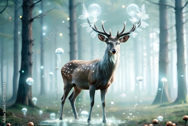 Fototapeta A magical forest where the trees have crystal leaves and glowing roots in the center a majestic crystal deer with softly glowing antlers stands gracefully