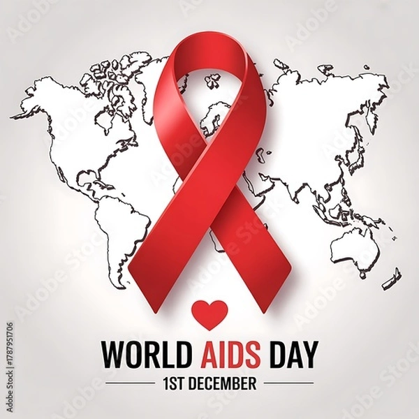 Fototapeta World aids day awareness with red ribbon and heart on world map illustration