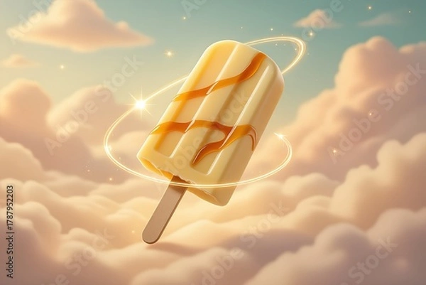 Fototapeta A cheese flavored popsicle on a wooden stick glowing softly with a creamy pale yellow texture swirled with caramel or honey veins