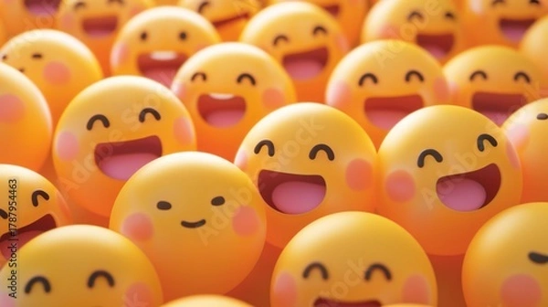 Fototapeta Happy yellow smiling and laughing faces with various face emotions and expressions on warm orange background