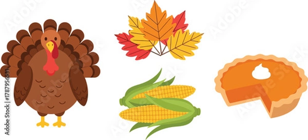 Obraz Thanksgiving elements including turkey, leaves, corn, and pumpkin pie