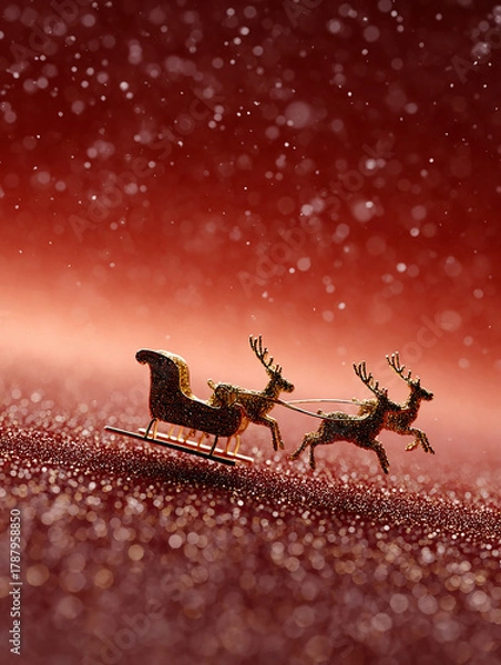 Fototapeta A glittering golden sleigh with reindeer figures flying over a sparkling red festive background creating a magical Christmas atmosphere