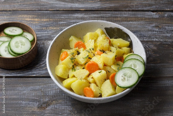 Fototapeta Homemade vegetable stew with potatoes, carrots, and herbs served in a rustic bowl with fresh cucumbers on wooden table. Warm, healthy comfort food with natural colors and soft light