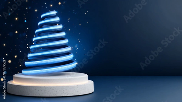 Fototapeta A glowing abstract blue spiral Christmas tree made of light trails and sparkling golden particles on a dark festive background