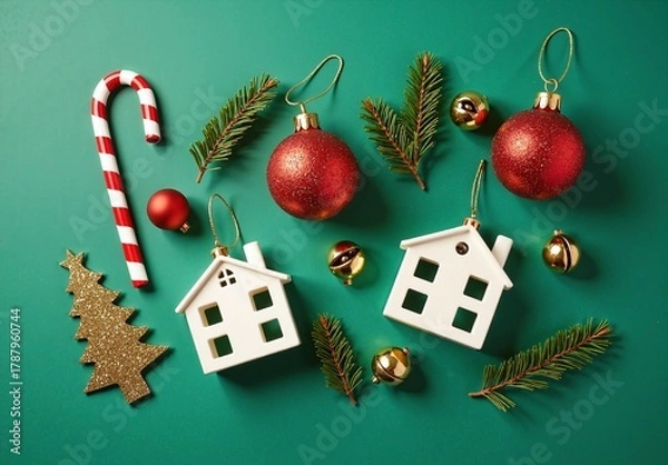 Fototapeta High-res flat-lay of assorted Christmas ornaments on matte green background: candy cane, red and gold baubles, fir sprigs, bells.