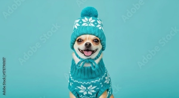 Obraz Adorable chihuahua dog happily posing in a festive warm teal knitted hat and sweater with snowflake design