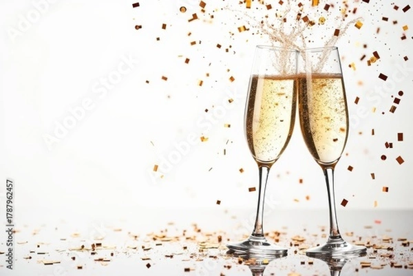 Fototapeta Champagne glasses splashing with golden confetti, perfect toast.
