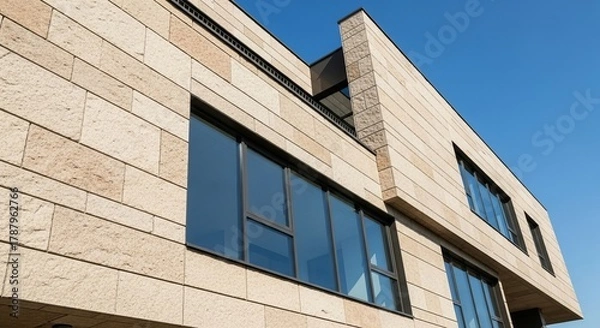 Obraz Modern architecture facade of a building with glass windows and stone design outdoors