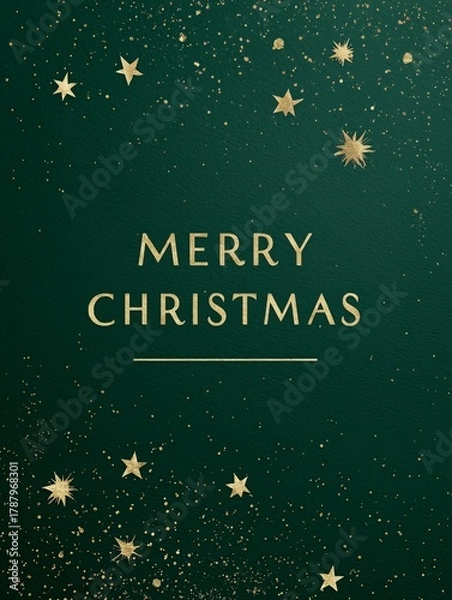 Obraz Minimalist Christmas card with gold stars and “Merry Christmas” text on a dark green textured background. Elegant and modern design for festive greetings or invitations.