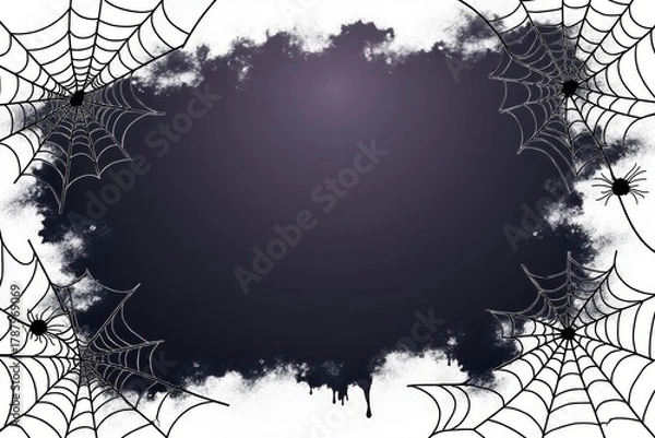 Fototapeta Abstract spooky halloween frame with webs, spiders, dark textured ink
