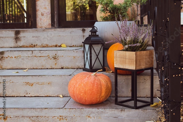 Obraz Colorful pumpkins and plants decorate the steps of a cozy home in autumn