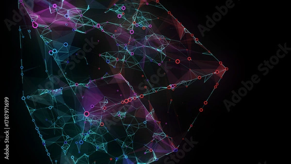 Fototapeta bstract background 3D digital multicolor wireframe cube. 3D algorithm blockchain grid dinamic blocks. Big data. Multi core box. Artificial intelligence design.