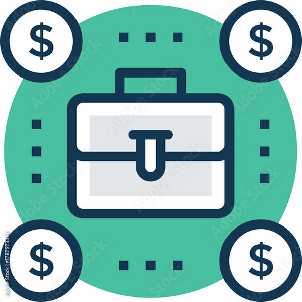 Fototapeta Business Briefcase Surrounded by Dollar Signs and Teal Green Circular Background with Dotted Lines and Dark Blue Outline