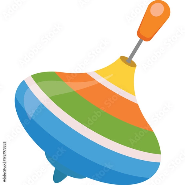 Fototapeta A Colorful Spinning Top Toy With Blue Green Orange Yellow and White Stripes And An Orange Handle Isolated On A Transparent Background