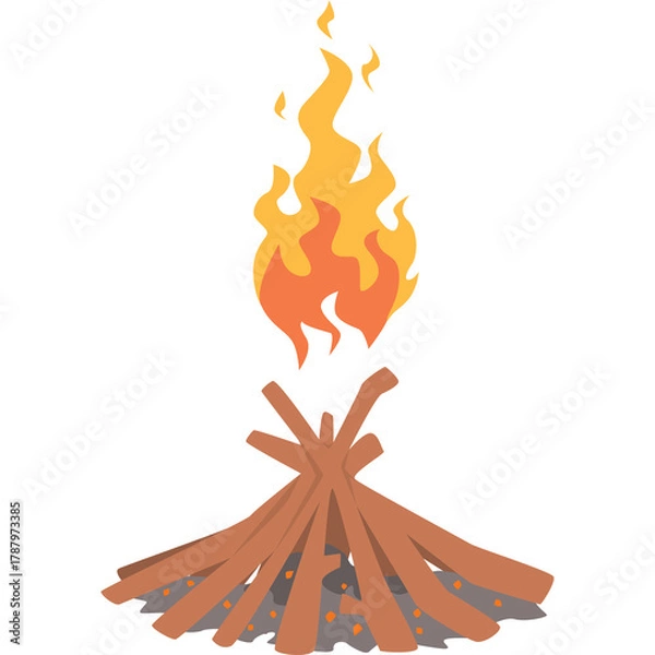 Fototapeta A Campfire with Orange and Yellow Flames Burning Brightly on a Stack of Wooden Logs with a Transparent Background