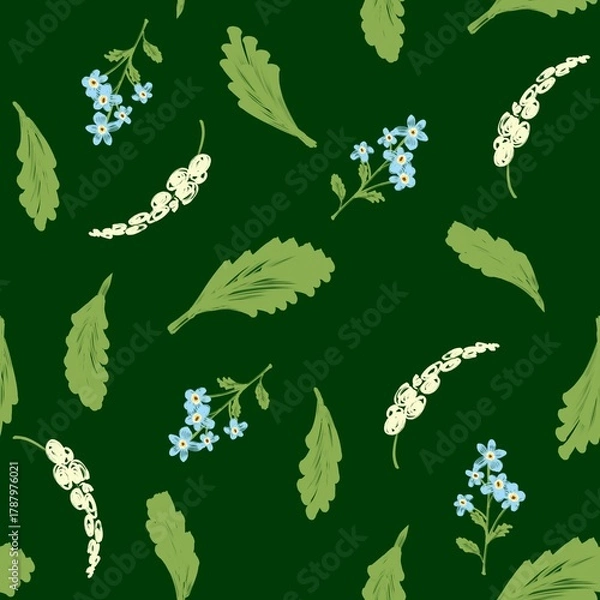 Obraz High Contrast Rustic Forget-Me-Not and Leaf Toss Seamless Pattern