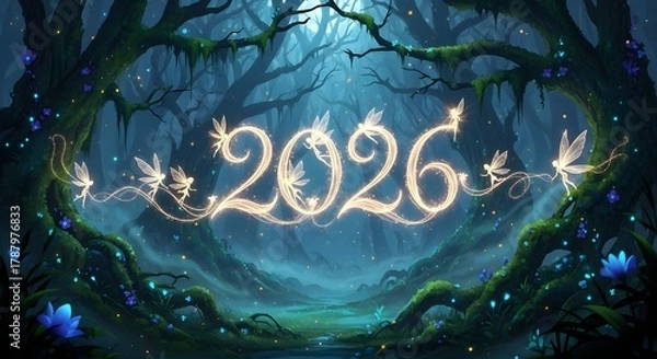 Obraz Magical fairies illuminate 2026 in enchanted forest setting