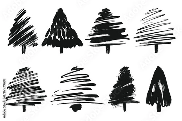 Fototapeta Christmas Trees Paint Brush Strokes Silhouettes Set. Hand drawn brush stroke Christmas trees. Doodle ink painted fir trees for New Year and Christmas cards, posters, cover, wrapping paper 