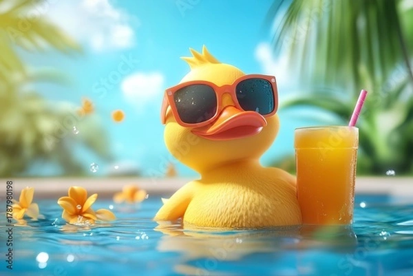 Fototapeta Cute duck in swimming pool with orange juice. 3d rendering
