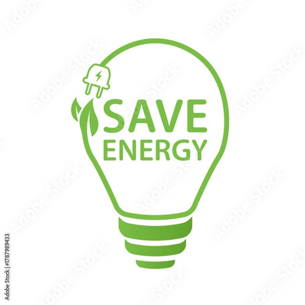 Fototapeta Save energy symbol. Light bulb with energy icon and green leaf. Energy icon with green leaf. Eco friendly, environmentally. Eco icons. Vector illustration