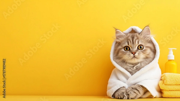 Fototapeta Adorable fluffy cat in white bathrobe with towels and soap dispenser on vibrant yellow background with empty space