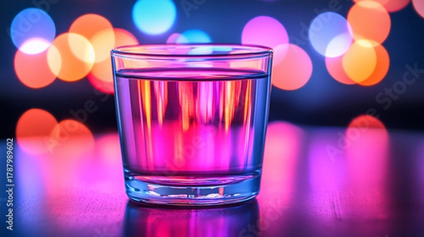 Fototapeta Vibrant glass of clear liquid with colorful bokeh lights in background. Bright party, bar, nightclub theme