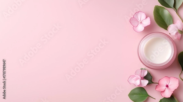 Fototapeta Top view of cream jar with gentle flowers and leaves on empty pink background. Delicate banner for skincare and cosmetics