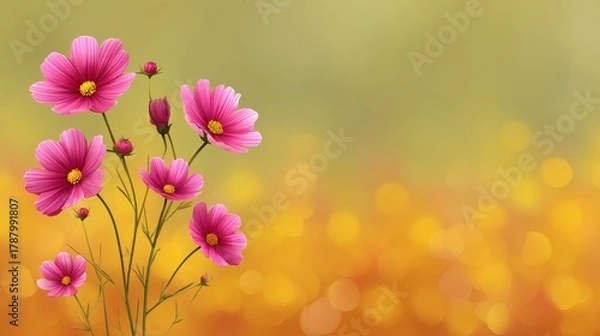 Fototapeta Vibrant Pink Cosmos Flowers with Soft Focus Background in Shades of Yellow and Orange Creating a Beautiful and Cheerful Floral Scene