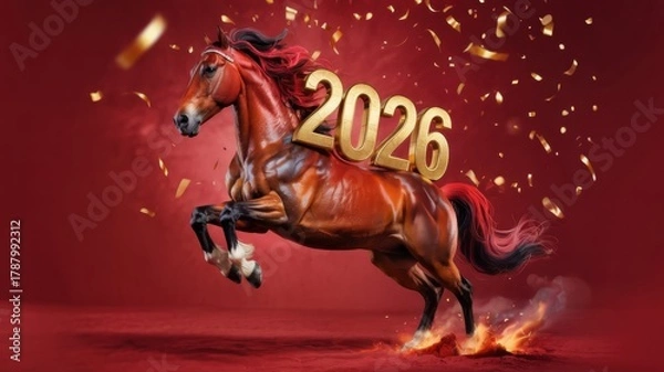 Obraz A horse with gold inserts jumps on a red background, scattering golden confetti. "2026", made in gold, indicating a celebration or a New Year's theme.