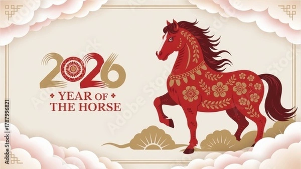 Fototapeta Chinese New Year 2026, dedicated to the Year of the Horse. A horse decorated with golden floral patterns.