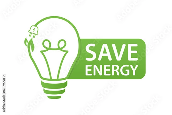 Fototapeta Save energy symbol. Light bulb with a energy icon and green leaf. Energy icon with green leaf. Eco friendly, environmentally. Eco icons. Vector illustration