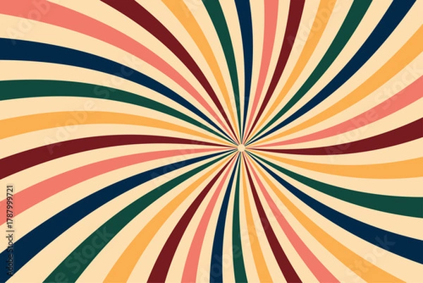 Fototapeta Retro groovy spiral burst background, vintage circus sun rays with grunge paper texture. Psychedelic colorful swirl poster, 70s carnival abstract pattern. Hypnotic sunburst vector illustration.