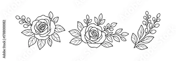 Fototapeta Rose flower and leaf arrangements. black and white line art set. Simple vector outline elements, For wedding invitations, borders, greeting cards, decorative prints, logo design. Vector illustration