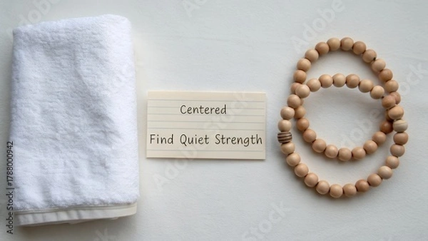 Fototapeta Centered message on wooden plaque with towel and beads