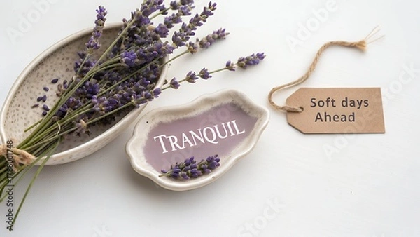 Fototapeta Ceramic dish with tranquil lavender and a brown tag