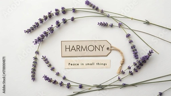 Fototapeta Dried lavender stems forming a circle around harmony message