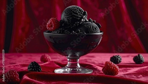 Fototapeta Black Ice Cream Scoops in Glass Bowl with Raspberries and Blackberries on Red Silk Cloth