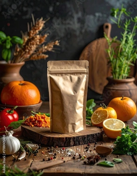 Fototapeta Close Up of Kraft Paper Package on a Wooden Surface Surrounded by Fresh Produce and Herbs with a Rustic Backdrop