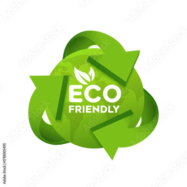 Fototapeta Eco friendly icons. Cartoon planet Earth. Recycle symbol with Earth. Green leaf leaves. Save green planet concept. Vector illustration