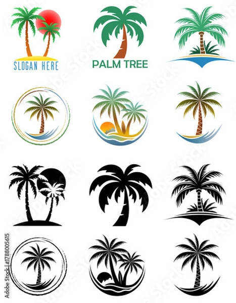 Fototapeta palm tree tropical logo for your business set logotype cartoon stock color and black and white vector illustration isolated onwhite background