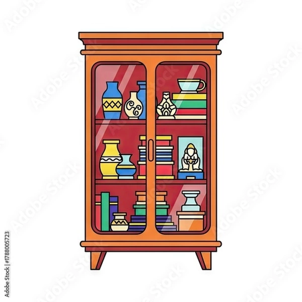 Fototapeta Pixelated Wooden Cabinet Filled With Decorative Vases Books and Other Ornaments on White Background